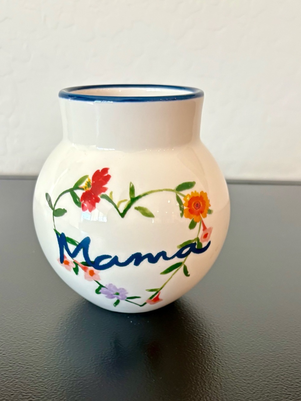 Anthropologie White Mama Bud Vase with Blue Script and Multicolor Floral Wreath